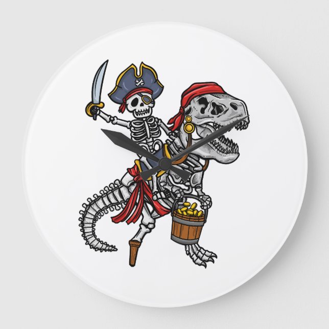 Halloween Pirate Dinosaur Skeleton Large Clock (Front)