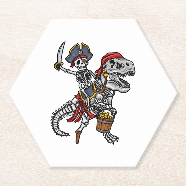 Halloween Pirate Dinosaur Skeleton Paper Coaster (Front)