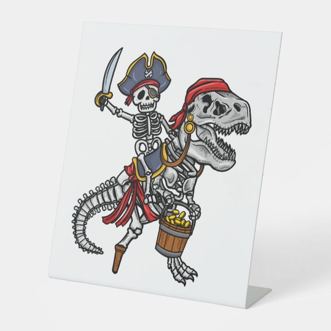 Halloween Pirate Dinosaur Skeleton Pedestal Sign (Front)