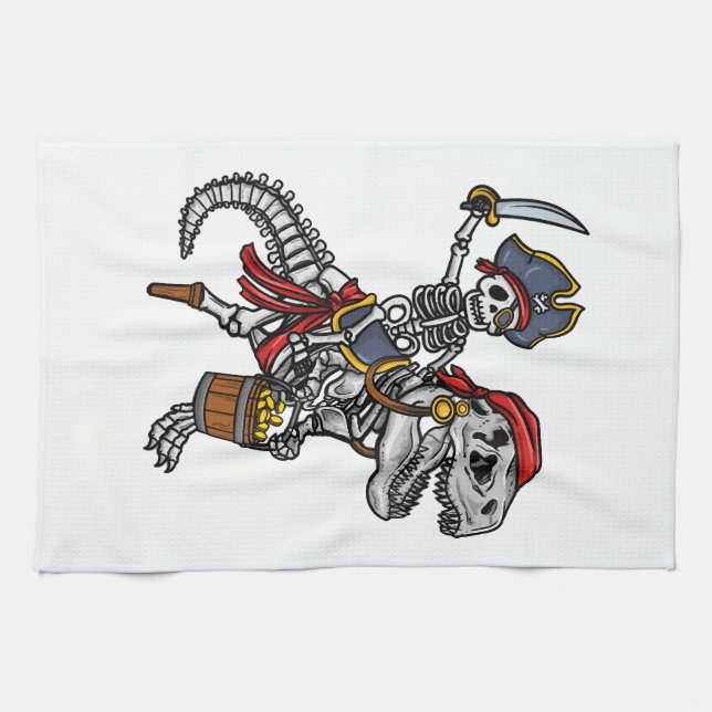 Halloween Pirate Dinosaur Skeleton Tea Towel (Horizontal)