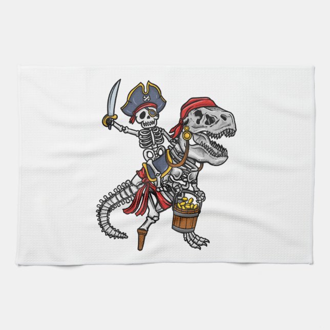 Halloween Pirate Dinosaur Skeleton Tea Towel (Horizontal)