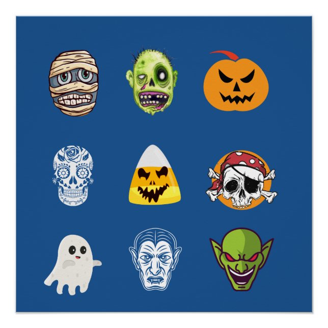 Halloween Pirate Skeleton Zombie Mummy Funny Faces Poster (Front)