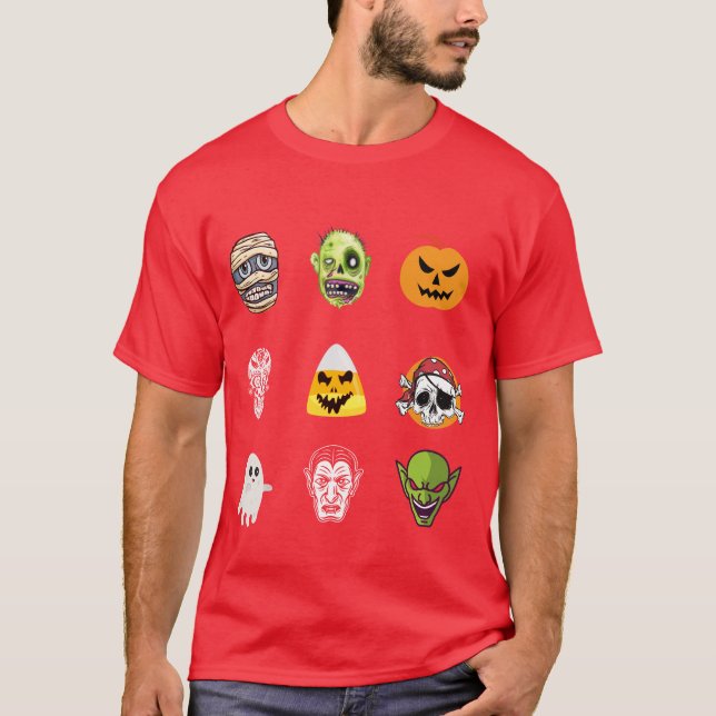 Halloween Pirate Skeleton Zombie Mummy Funny Faces T-Shirt (Front)