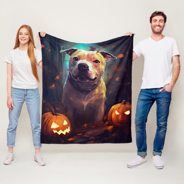 Halloween Pitbull With Pumpkins Scary  Fleece Blanket (In Situ)