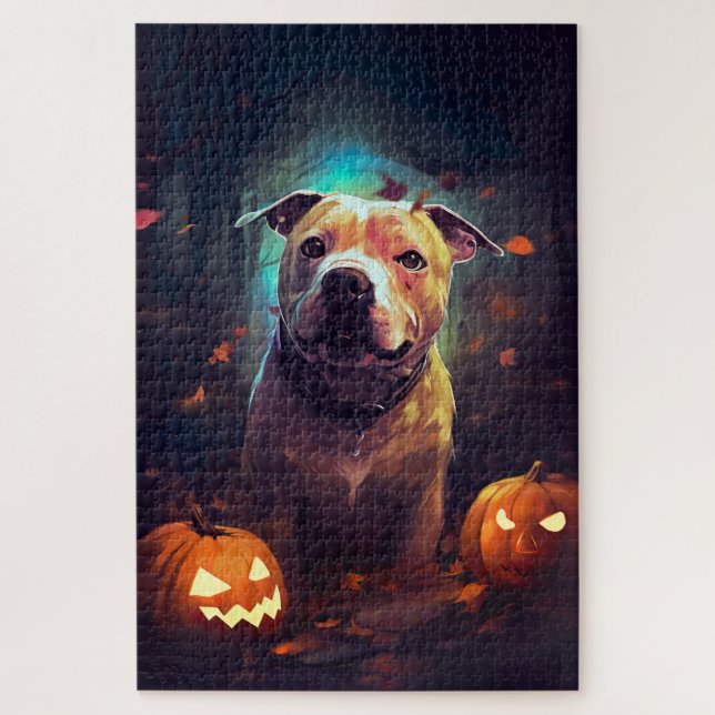 Halloween Pitbull With Pumpkins Scary  Jigsaw Puzzle (Vertical)