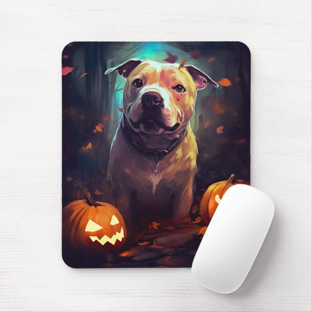 Halloween Pitbull With Pumpkins Scary  Mouse Mat (With Mouse)
