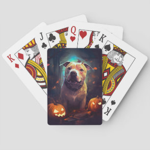 Halloween Pitbull With Pumpkins Scary Playing Cards
