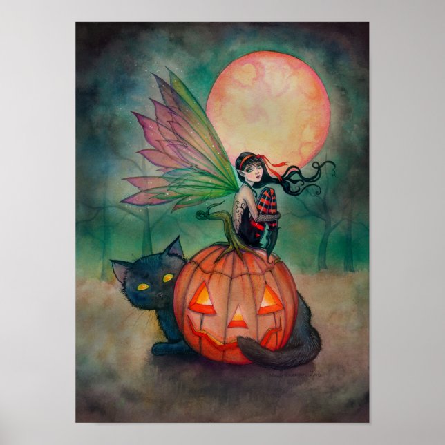 Halloween Pixie Fairy and Black Cat Fantasy Art Poster (Front)