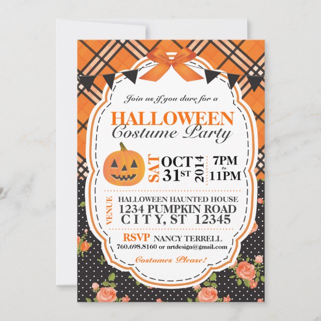 Halloween Plaid & Floral Invite (Front)