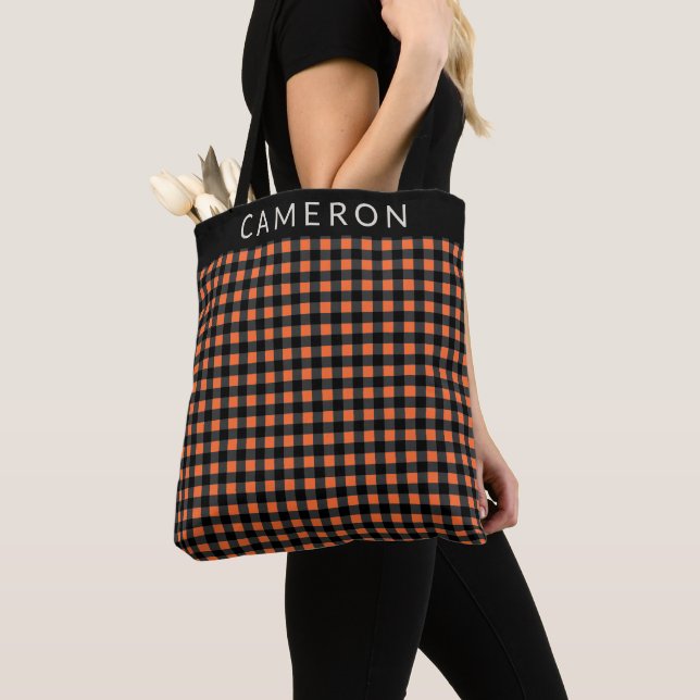 Halloween Plaid Pattern Black Orange Personalised Tote Bag (Close Up)