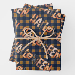 Halloween Plaid Pumpkin Wrapping Paper Sheet