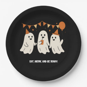 Halloween Playful White Ghost Black Festive Paper Plate