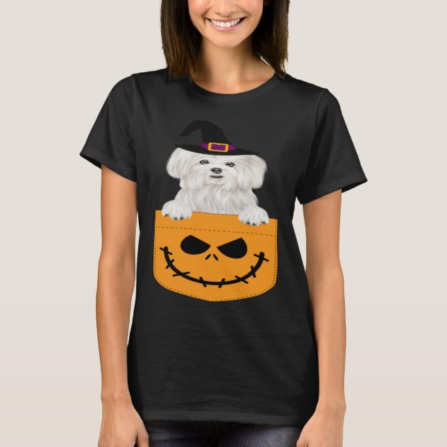 Halloween Pocket Maltese Scary Jack O Lantern T-Shirt (Front)