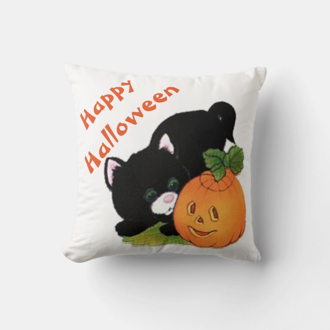 Halloween Polyester Throw Pillow/Black Cat Cushion (Front)