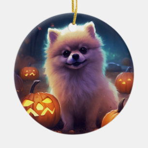 Halloween Pomeranian With Pumpkins Scary  Ceramic Tree Decoration