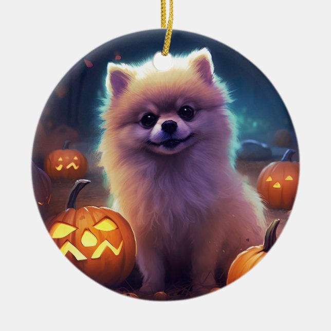 Halloween Pomeranian With Pumpkins Scary  Ceramic Tree Decoration (Front)