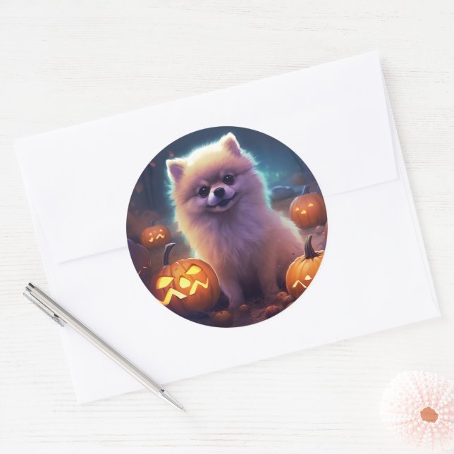 Halloween Pomeranian With Pumpkins Scary  Classic Round Sticker (Envelope)