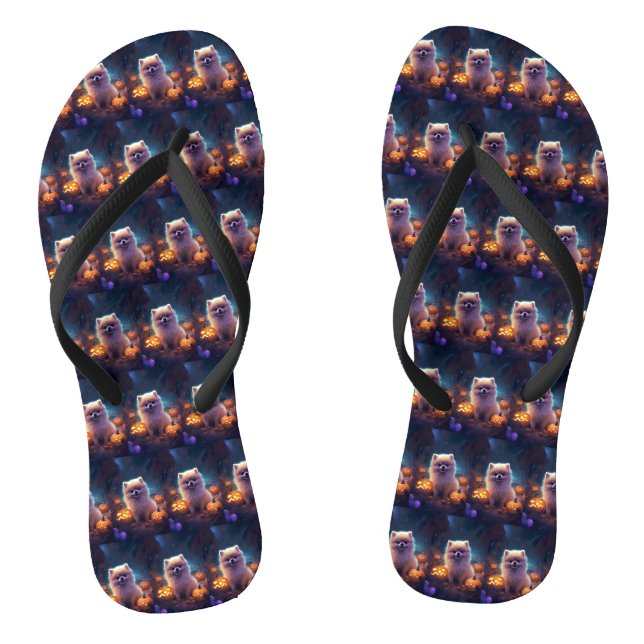 Halloween Pomeranian With Pumpkins Scary  Flip Flops (Footbed)