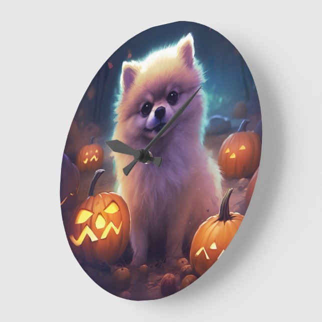 Halloween Pomeranian With Pumpkins Scary  Large Clock (Angle)