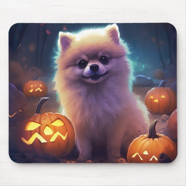 Halloween Pomeranian With Pumpkins Scary  Mouse Mat (Front)