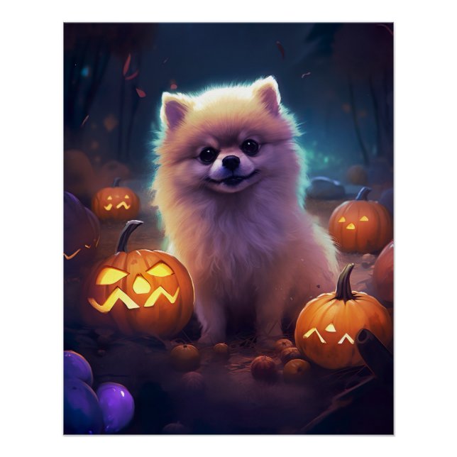 Halloween Pomeranian With Pumpkins Scary  Poster (Front)
