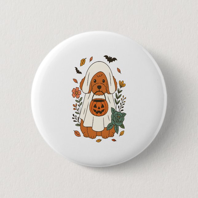 Halloween Poodle with Fall Flowers 6 Cm Round Badge (Front)