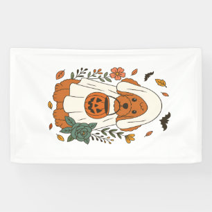 Halloween Poodle with Fall Flowers Banner
