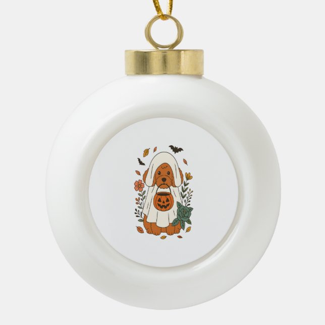 Halloween Poodle with Fall Flowers Ceramic Ball Christmas Ornament (Front)