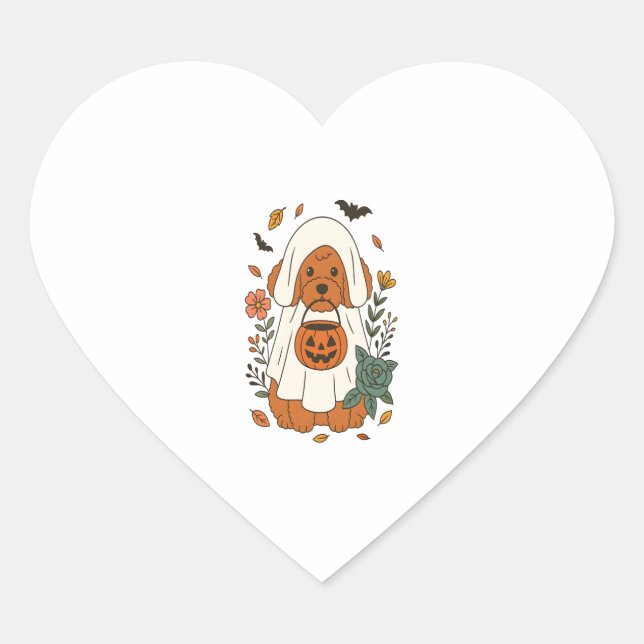 Halloween Poodle with Fall Flowers Heart Sticker (Front)