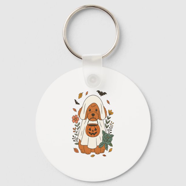 Halloween Poodle with Fall Flowers Key Ring (Front)