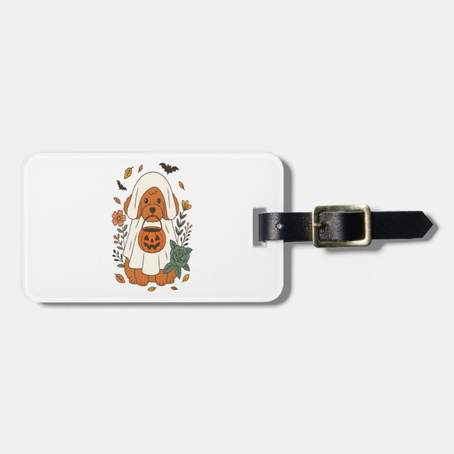 Halloween Poodle with Fall Flowers Luggage Tag (Front Horizontal)