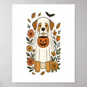 Halloween Poodle with Fall Flowers Poster