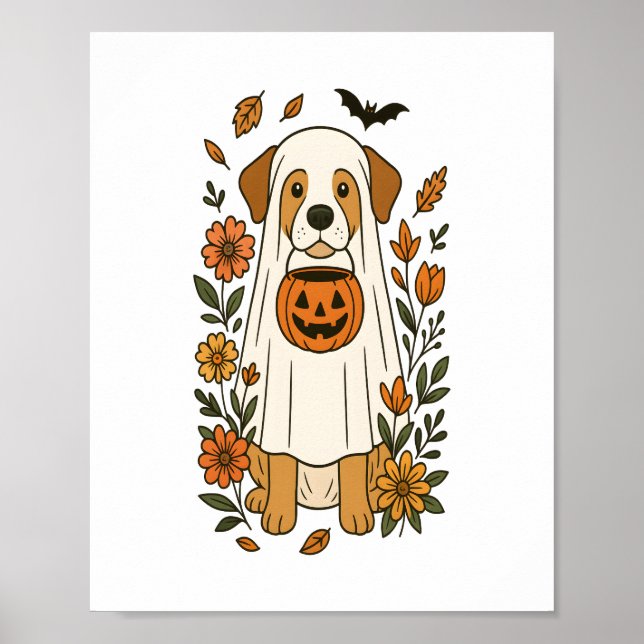 Halloween Poodle with Fall Flowers Poster (Front)