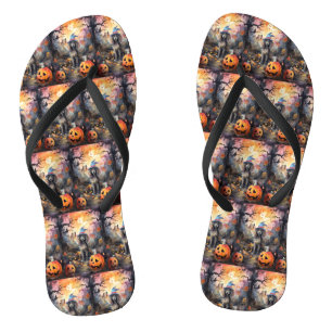 Halloween Poodle With Pumpkins Scary Flip Flops