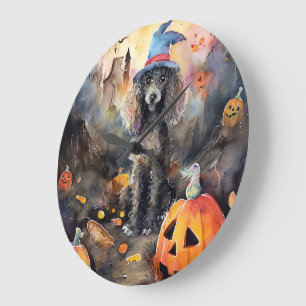 Halloween Poodle With Pumpkins Scary Large Clock