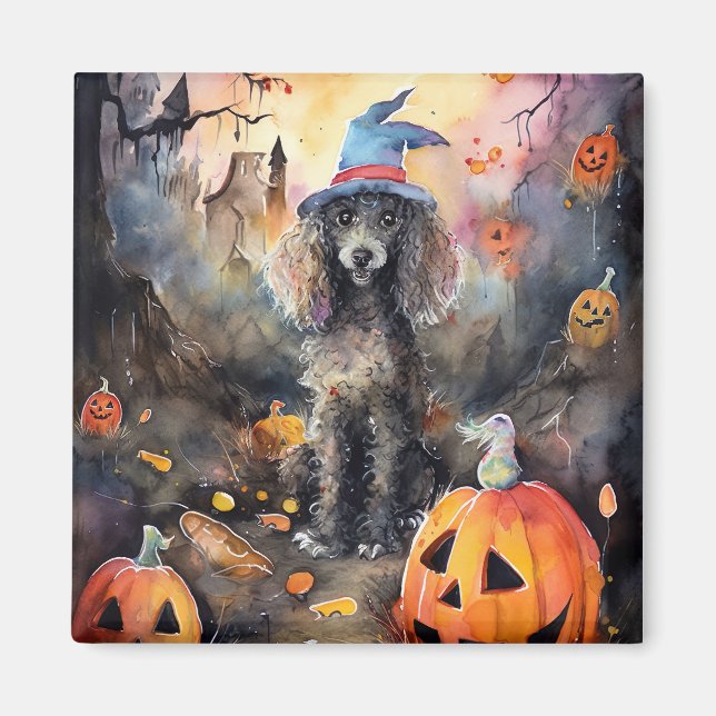  Halloween Poodle With Pumpkins Scary Magnet (Front)
