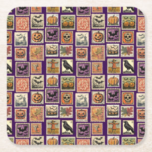 Halloween Postage-Stamp Pattern Pillowcase Square Paper Coaster