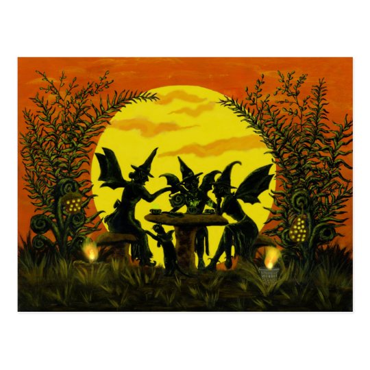 Halloween postcard ,fairy witches tea party