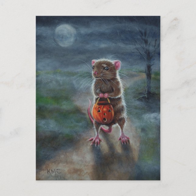 Halloween Postcard Rat Pumpkin night moon fog (Front)