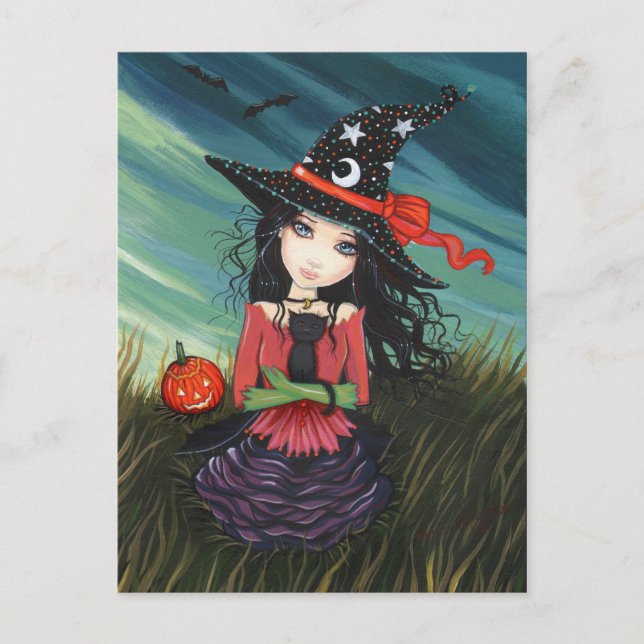 Halloween Postcard Witch Black Cat (Front)