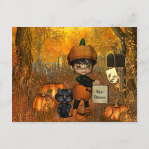 Halloween Postcard with little boy and pumpkins