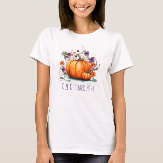 Halloween Pregnancy Announcement Pumpkin  Due Date T-Shirt (Front)