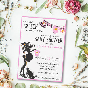 Halloween Pregnant Witch Pink Girl Baby Invitation