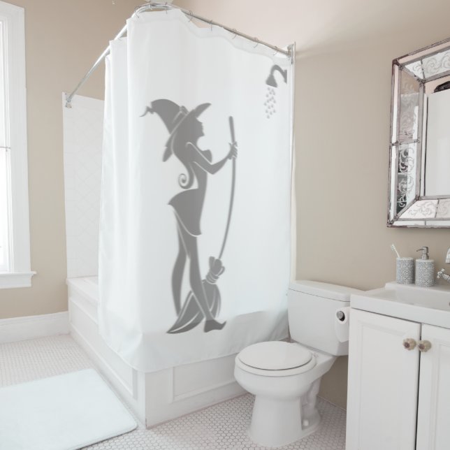 Halloween Pretty Witch Broom In Shower Silhouette Curtain (In Situ)
