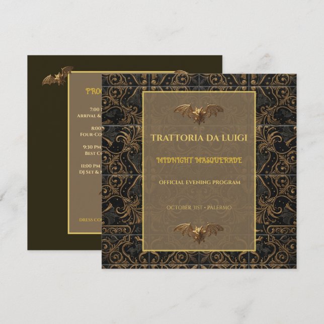 Halloween Program Card Gothic Gold Black Bat Event (Front/Back)