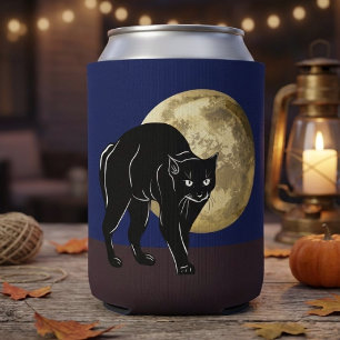Halloween Prowling Black Cat On A Full Moon Night Can Cooler
