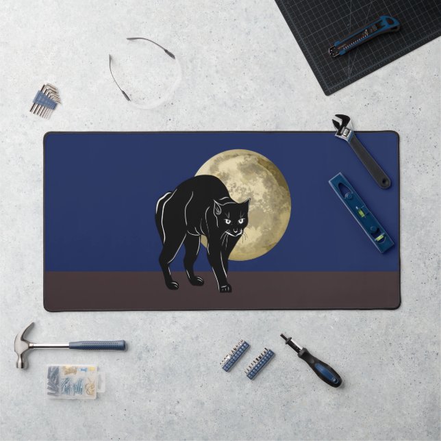 Halloween Prowling Black Cat On A Full Moon Night Desk Mat (Workstation)