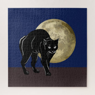 Halloween Prowling Black Cat On A Full Moon Night  Jigsaw Puzzle