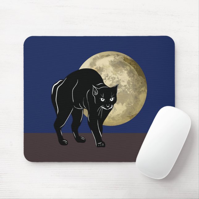 Halloween Prowling Black Cat On A Full Moon Night Mouse Mat (With Mouse)