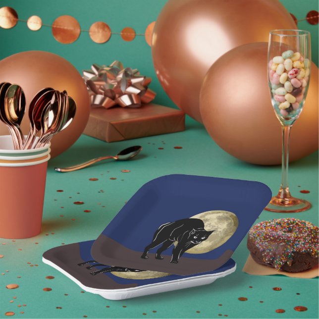 Halloween Prowling Black Cat On A Full Moon Night Paper Plate (Multi)